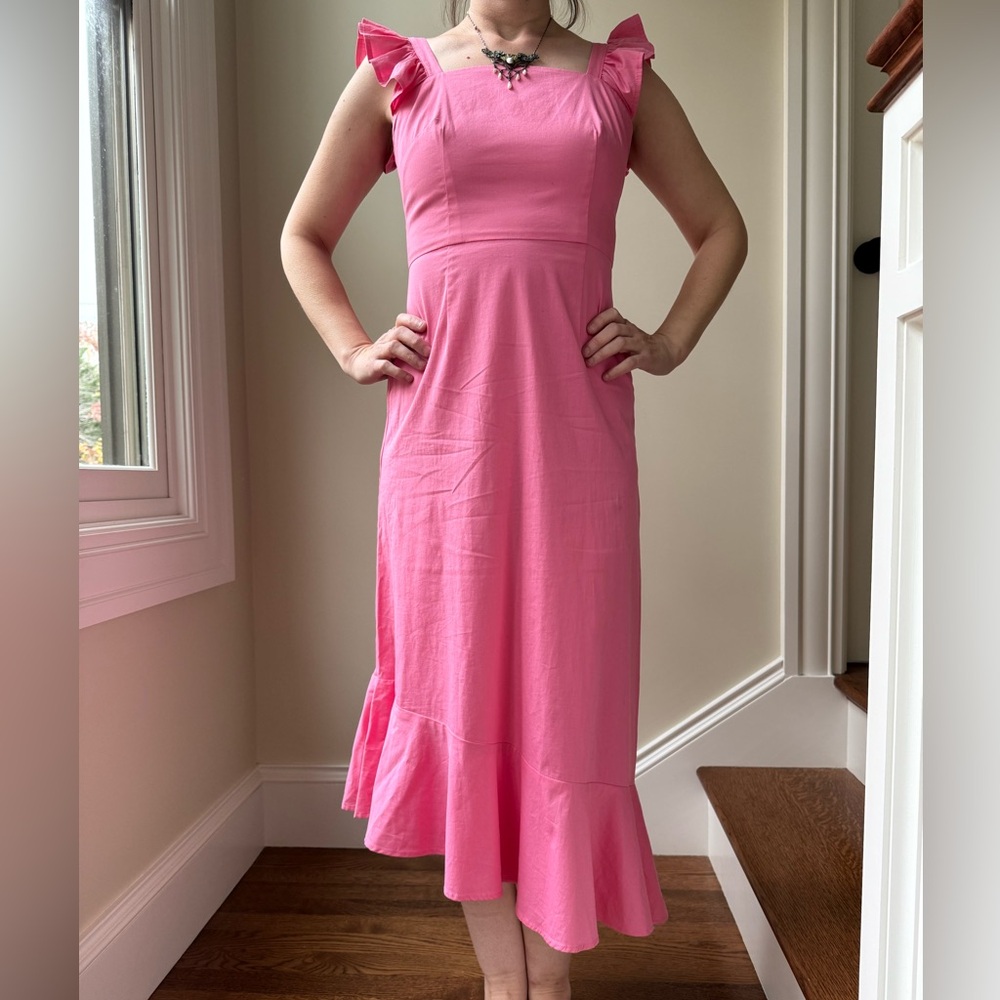 STAUD Valentina Ruffle Dress Asymmetrical Coquette Pink Girly Designer Midi 0